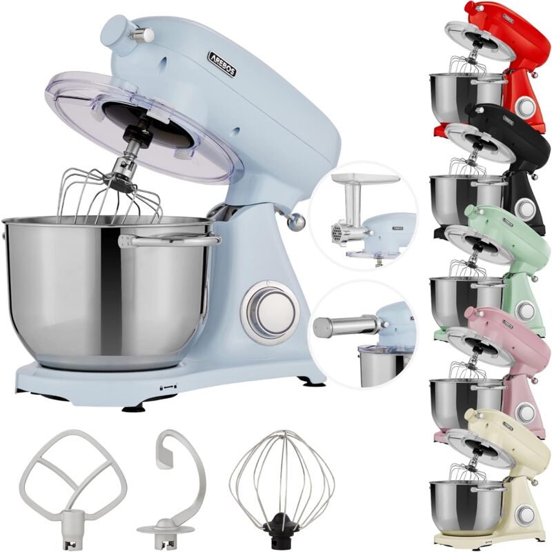 Arebos - Robot Pâtissier Professionnel 1800W Retro Bleu Faible Bruit Robot de Cuisine Multifonction 6 Litres 6 Vitesses