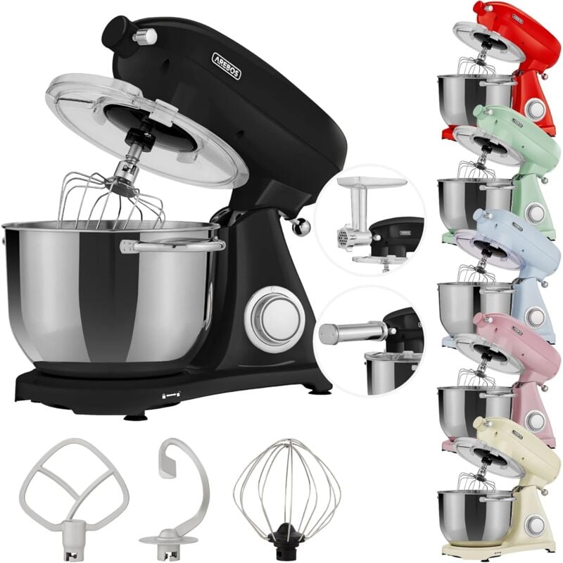 Arebos - Robot Pâtissier Professionnel 1800W Retro Noir Faible Bruit Robot de Cuisine Multifonction 6 Litres 6 Vitesses
