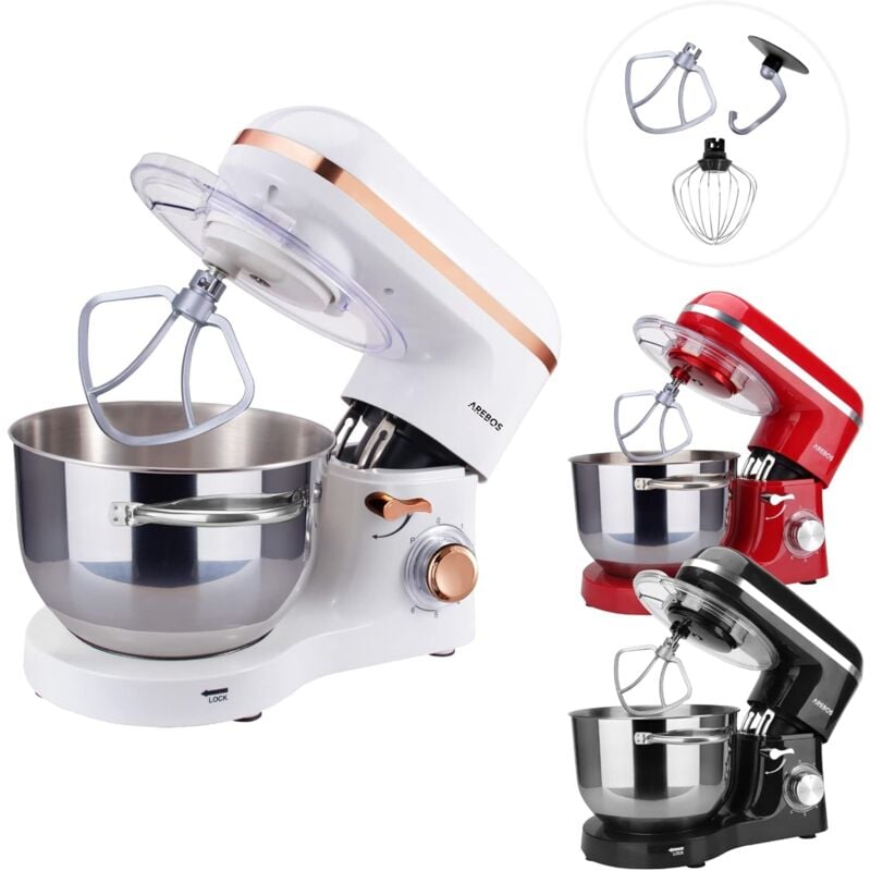 Arebos - Robot Pâtissier Professionnel 1500W Bol d'Acier Inoxydable 6 Litres 6 Vitesses Fonction Pulse Blanc