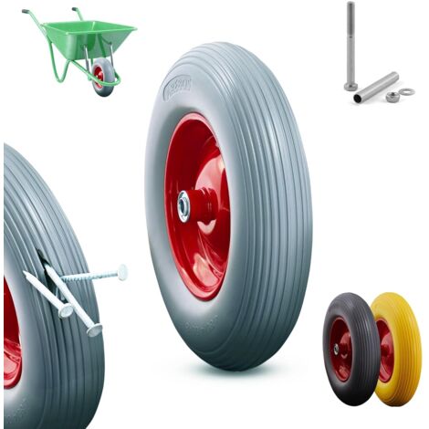 Arebos – Roue de brouette en caoutchouc plein PU 390 mm – Capacité de charge 200 kg – Jante en acier résistante – Montage facile avec essieu inclus