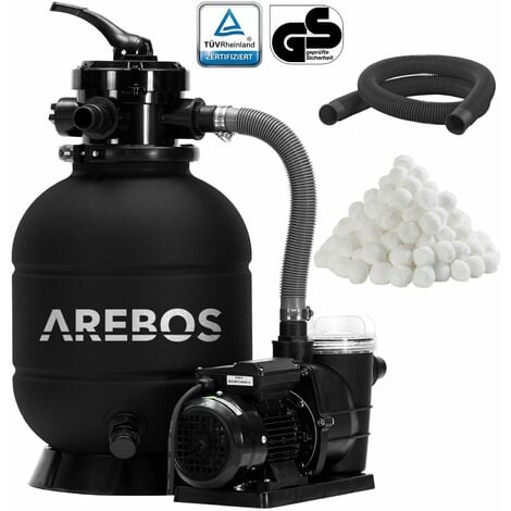 AREBOS sand filter system with pump incl. 700g filter balls + 2m hose  Black  400W  10.200 L/h  tank volume up to 20 kg sand  7 - way valve with handle  with pressure gauge  pool filter