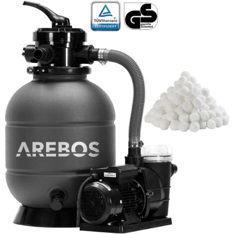 AREBOS Sandfilteranlage mit Pumpe inkl. 700g Filterbälle  Grau  400W  10.200 L/h  Tankvolumen bis zu 27,5 kg Sand  7 - Wege Ventil mit Griff  mit Druckmanometer  Poolfilter