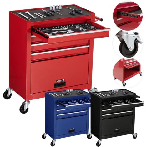 AREBOS Servante d'atelier 4 Compartiments 4 tiroirs à roulement à Billes avec 81 pièces d'outils Chariot à Outils équipé Tapis antidérapants 2 roulettes avec Frein de stationnement Rouge - Rouge