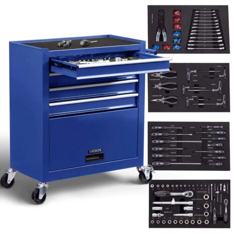 Arebos – Servante d'atelier roulante 4 tiroirs – 81 outils inclus – Acier résistant aux rayures – Frein de stationnement – Dimensions 61,6 x 33 x 76 cm