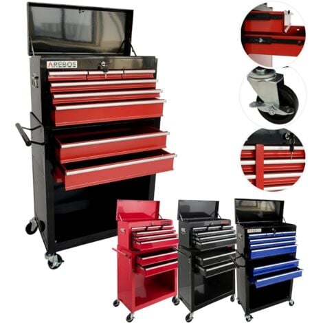 AREBOS Servante d'atelier à 9 tiroirs  Tapis antidérapants  Chariot avec Caisse à Outils Amovible  Verrouillable Rouge/Noir