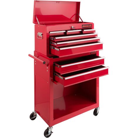 AREBOS Servante d'atelier à 9 tiroirs Tapis antidérapants Chariot avec Caisse à Outils Amovible Verrouillable sur roulement à Billes Freins d'arrêt 4 Couleurs (Rouge) - Rouge