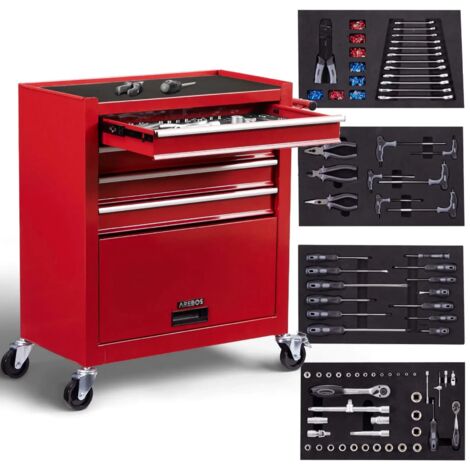 Arebos – Servante d'atelier roulante 4 tiroirs – Chariot à outils avec 81 pièces – Acier revêtu de poudre – Frein de stationnement – Dimensions 61,6 x 33 x 76 cm