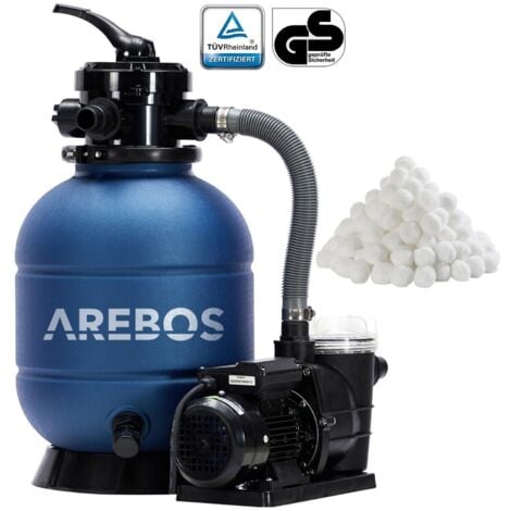 AREBOS Sistema de Filtro de Arena con Bomba  400 W  10.200 l/h  Volumen del depósito de hasta 20 kg de Arena  con manómetro de presión  Incluye 700g de Bolas de Filtro