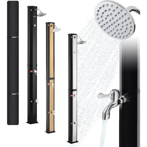 AREBOS Solardusche 35 Liter 216 cm mit integriertem Thermometer runder Duschkopf mit Fußdusche mit Gartenschlauch-Anschluss inkl. Montagematerial & Abdeckhaube Schwarz