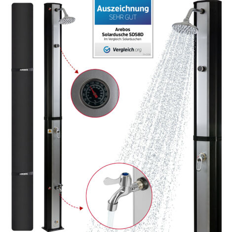 AREBOS Solardusche 35 Liter höhe 216 cm mit integriertem Thermometer inklusive Abdeckhaube runder Duschkopf Fußdusche Gartenschlauch Anschluss Montagematerial Silber Schwarz