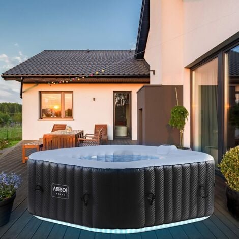 AREBOS Spa Gonflable avec éclairage LED | Gonflable | pour l'intérieur et l'extérieur | 154x154cm | 4 Personnes | 130 Jets de Massage | avec Chauffage | 550 litres | avec Couvercle | Spa et Bien-être