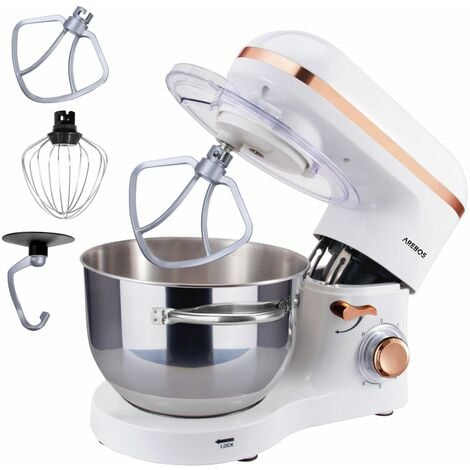 AREBOS Stand Mixer 1500W with 6L stainless steel mixing bowl  white rose gold  incl. mixing hook, dough hook, whisk  splash guard  6 speeds  kneading machine  dough machine