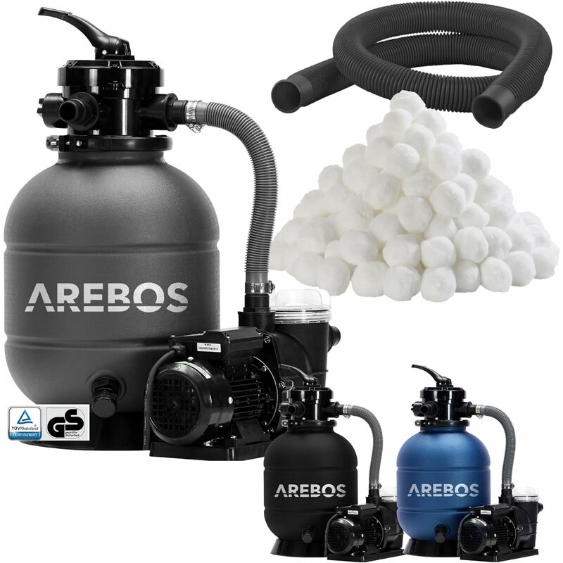 Arebos - Système de Filtre à Sable avec Pompe 400W + 1400g de balles de Filtre + Tuyau de 2m Gris 10200 L/h Capacité du réservoir jusqu'à 20 kg de
