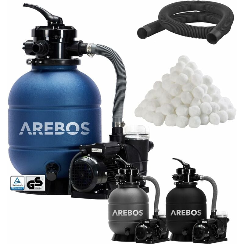Arebos - Système de Filtre à Sable avec Pompe 400W + 1400g de balles de Filtre + Tuyau de 2m Bleu 10200 L/h Capacité du réservoir jusqu'à 20 kg de