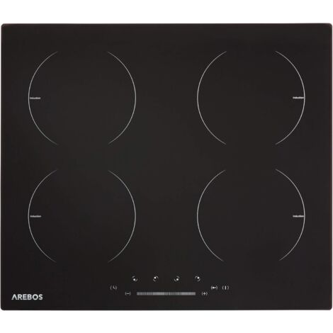 AREBOS Table de cuisson à induction avec 4 zones 16 niveaux de cuisson écran tactile coulissant fonction auto minuterie intégrée protection contre la surchauffe sécurité enfant - noir