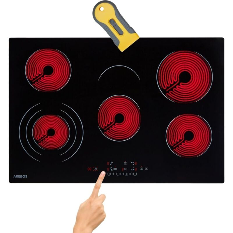 Arebos - Plaque vitrocéramique 8500 w 5 brûleurs 77 cm en pose libre avec double zone de cuisson et zone de friture capteur tactile sécurité enfants