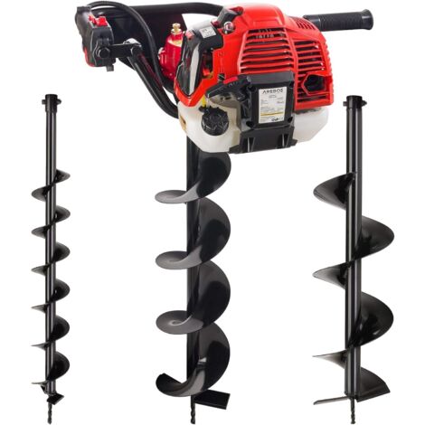 AREBOS Tarière Foreuse de terre Tarière Thermique Bêche-tarières de jardinage avec Indicateur de Niveau d'Huile et Purgeur d'Air incl. Boîte à Outils - rouge
