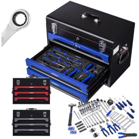 AREBOS tool box incl. 172-piece tool set made of chrome vanadium socket set for household, garage & workshop equipped tool box with 3 drawers lockable Blue / Black
