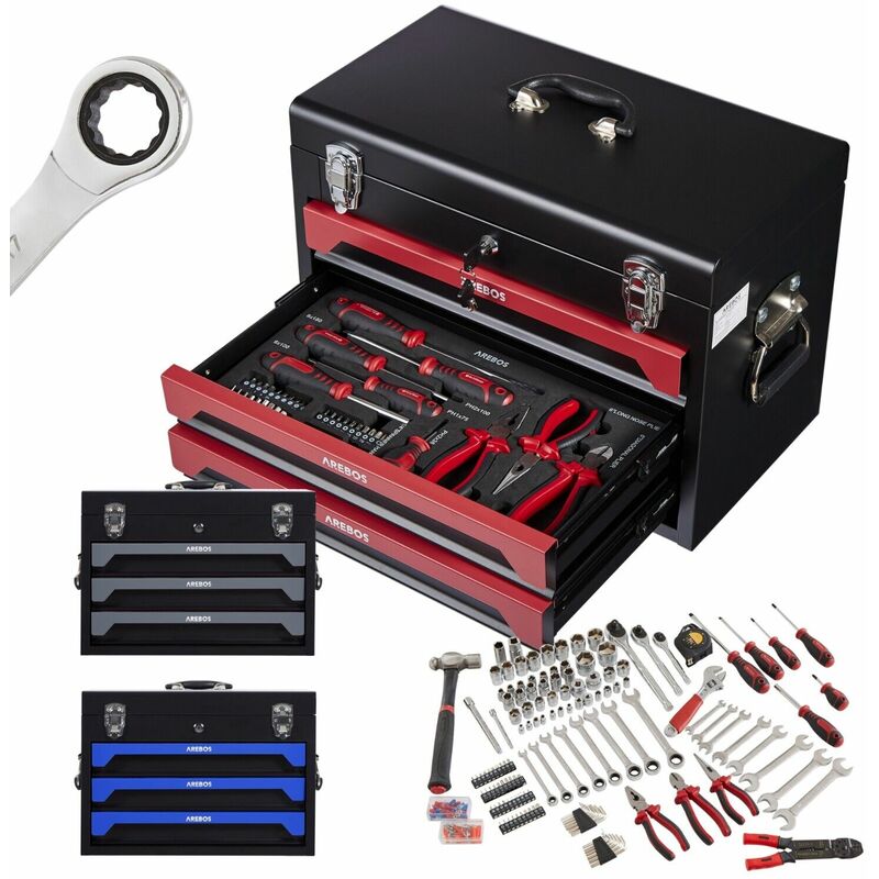 Arebos - tool box incl. 172-piece tool set made of chrome vanadium socket set for household, garage & workshop equipped tool box with 3 drawers