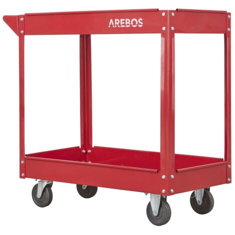 AREBOS Tool Trolley 2 Level Mobile Workshop Trolley Cart Storage Shelf on Wheels - Red