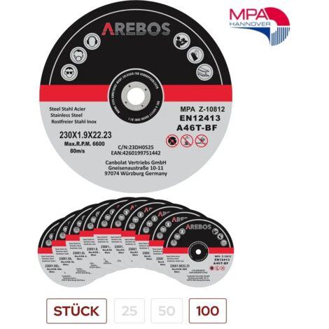 CANBOLAT VERTRIEBS GMBH AREBOS Trennscheiben 100 Stück, Ø 230 mm x1,9 mm x 22,23 mm, geeignet für Stahl, Edelstahl, Inox, Eisen, Blech, Metall, Vor- und Rücklauf