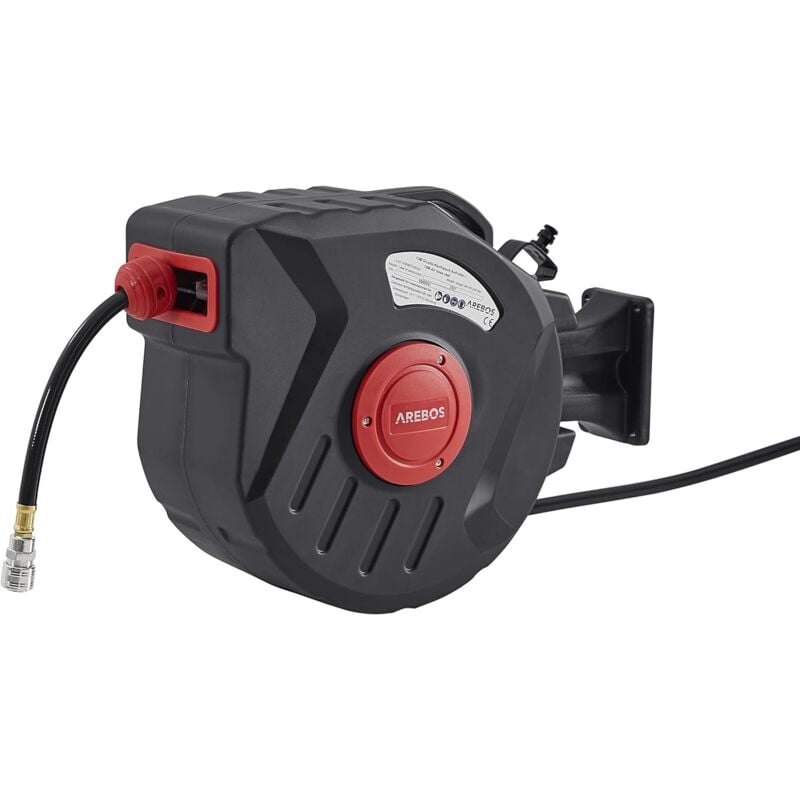 Arebos - Tuyau à air comprimé - 15 m - Support mural - Raccord rapide 1/4' - Résistant aux uv - Pivotant à 180° - Avec support de montage