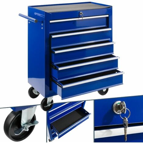 AREBOS Werkstattwagen 5 Fächer zentral abschließbar inkl. Antirutschmatten kugelgelagerte Schubladen 2 Rollen mit Feststellbremse Blau - Blau