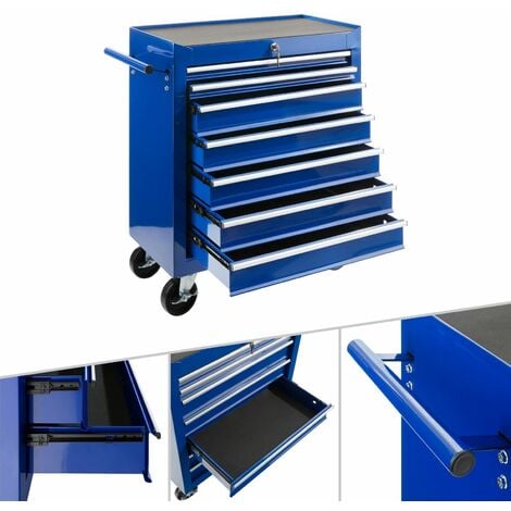 AREBOS Werkstattwagen 7 Fächer zentral abschließbar inkl. Antirutschmatten kugelgelagerte Schubladen 2 Rollen mit Feststellbremse blau - Blau