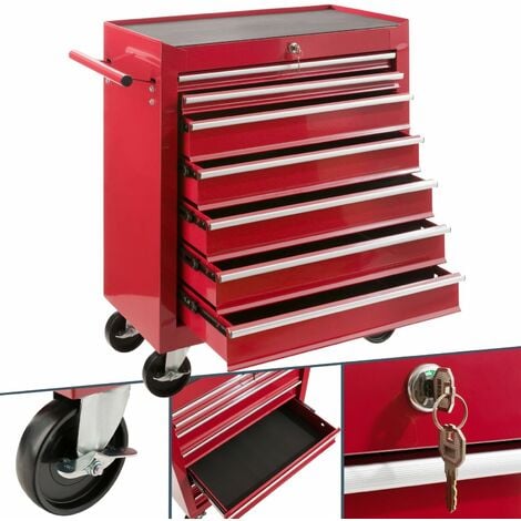 AREBOS Werkstattwagen 7 Fächer zentral abschließbar inkl. Antirutschmatten kugelgelagerte Schubladen 2 Rollen mit Feststellbremse (rot) - Rot