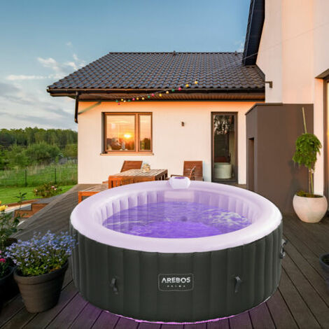 AREBOS Whirlpool 180 cm mit LED-Beleuchtung 6 Farben aufblasbar rund In- & Outdoor 4 Personen 100 Massagedüsen mit Heizung 800 Liter Inkl. Abdeckung - Anthrazit