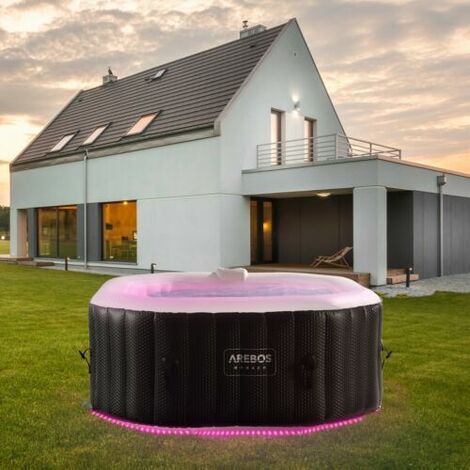 AREBOS Whirlpool mit LED Beleuchtung Aufblasbar In- & Outdoor 154x154 cm 4 Personen 110 Massagedüsen mit Heizung 600 Liter Inkl. Abdeckung Bubble Spa & Wellness Massage