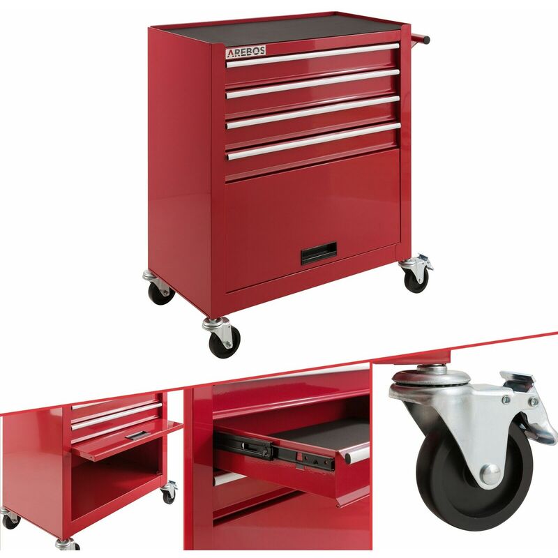AREBOS Workshop Trolley Tool Trolley 4 Drawers + Large Compartment Red - Red