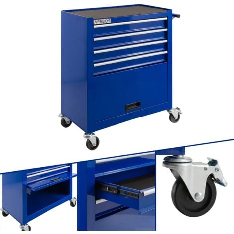 AREBOS Workshop Trolley Tool Trolley Roller Trolley 4 Drawers + Large Compartment Blue