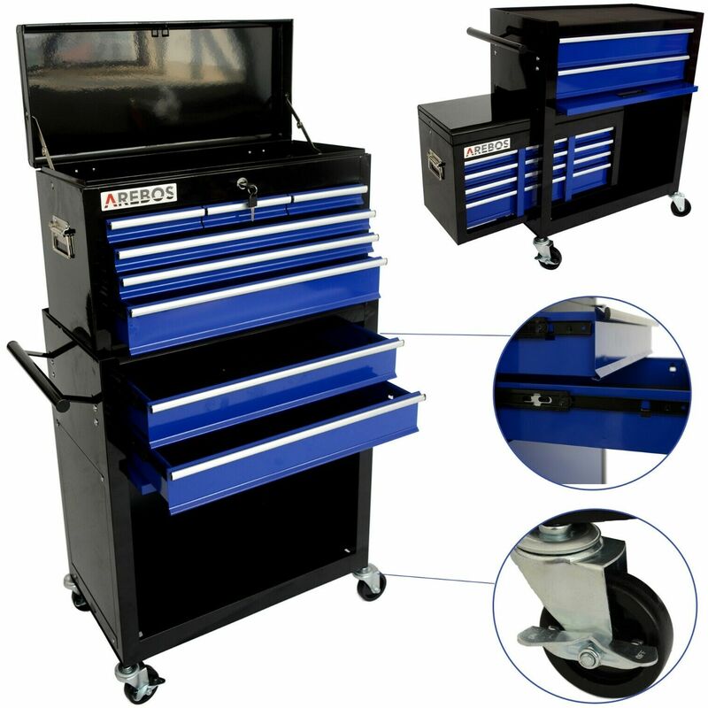 AREBOS Tool trolley Toolbox trolley 9 drawers with ball bearings Black / Blue - Black / Blue