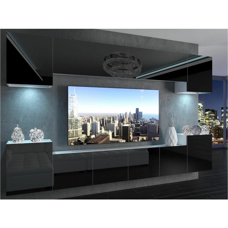 AREN - Ensemble meubles TV + LED - Unité murale style moderne - Largeur 300 cm - Mur TV à suspendre finition gloss - Noir
