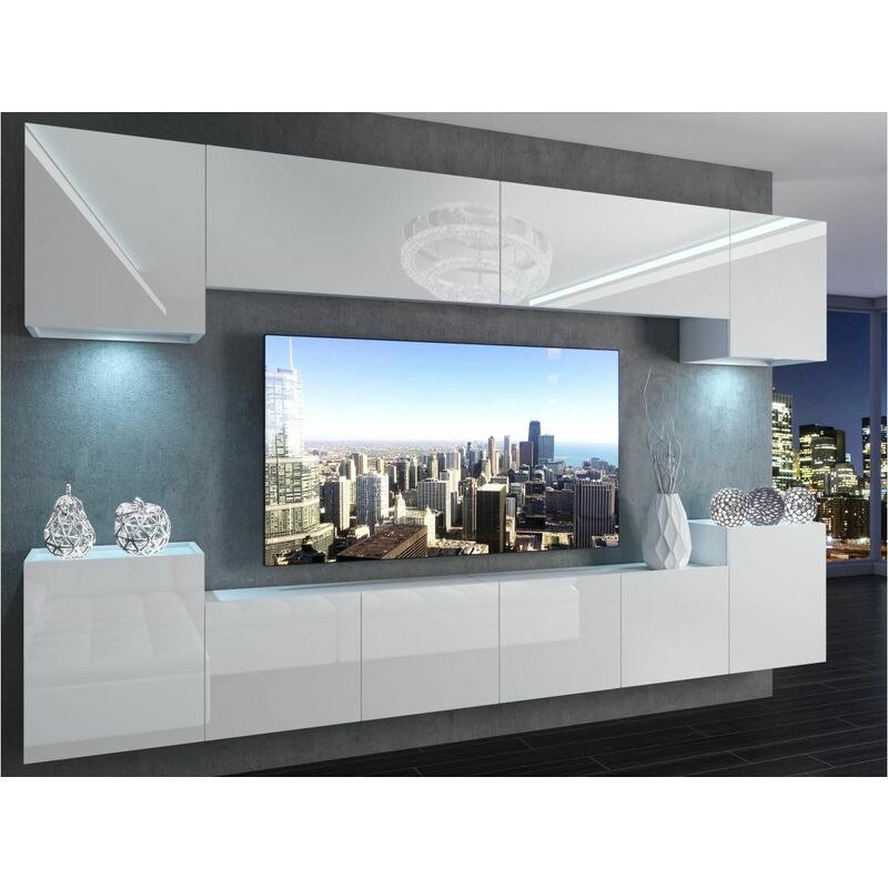 AREN - Ensemble meubles TV - Unité murale largeur 300 cm - Mur TV à suspendre finition gloss - Sans LED - Blanc