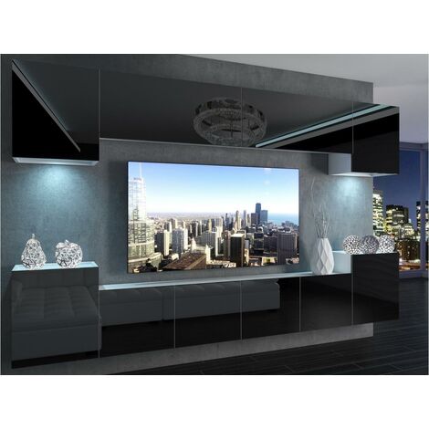 AREN | Mueble TV + LED | Unidad de pared de estilo moderno | Ancho 300 cm | Colgante de pared para TV con acabado brillante