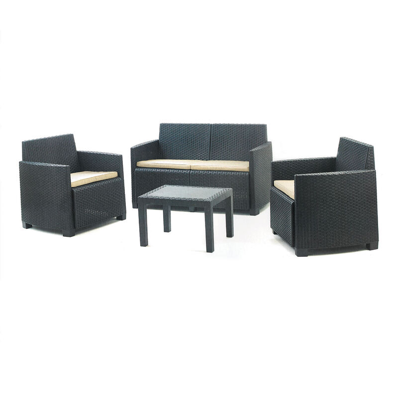 Arena - Gartenlounge aus Polyrattan mit 2-Sitzer-Sofa + 2 Sesseln + Couchtisch. Anthrazitfarbenes Outdoor-Lounge-Set mit 4 cremefarbenen Kissen