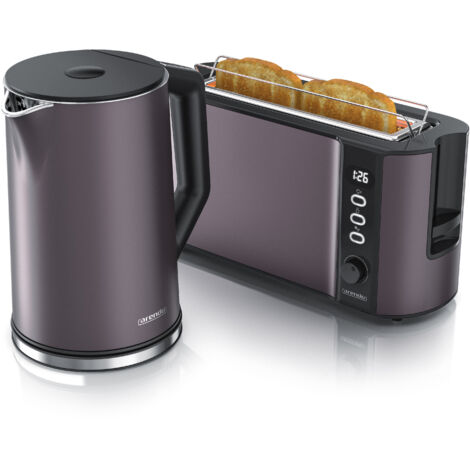 Arendo 2-teiliges Frühstücks-Set, 1,5L Edelstahl Wasserkocher, 2-Scheiben Langschlitz Toaster, Grau