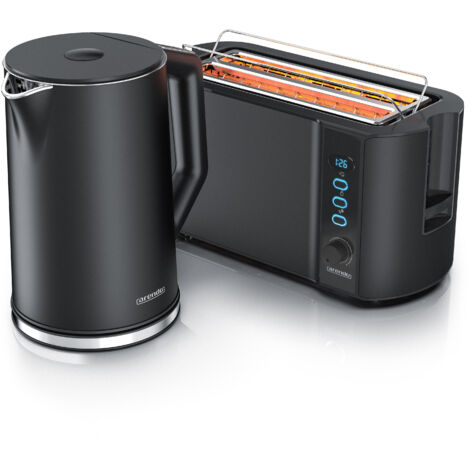 Arendo 2-teiliges Frühstücks-Set, Edelstahl Wasserkocher ELEGANT 1,5l, 4-Scheiben Langschlitztoaster, Schwarz