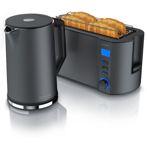 Arendo 2-teiliges Frühstücks-Set, Langschlitztoaster 4 Scheiben & Edelstahl Wasserkocher 1,5L, Grau
