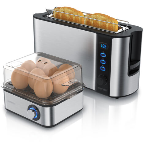 Arendo 2-teiliges Frühstücksset, 2-Scheiben Langschlitztoaster FRUKOST, 8er Eierkocher, Silber