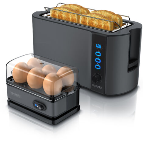 Arendo 2-teiliges Frühstücksset - 4-Scheiben Langschlitz Toaster, 6er Eierkocher, Grau