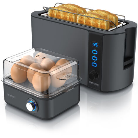 Arendo 2-teiliges Frühstücksset - 4-Scheiben Langschlitz Toaster, 8er Eierkocher, Grau