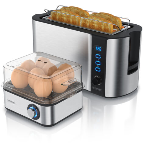 Arendo 2-teiliges Frühstücksset - 4-Scheiben Langschlitz Toaster, 8er Eierkocher, Silber