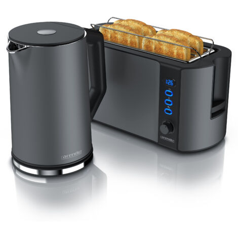 Arendo 2-teiliges Frühstücksset - Edelstahl Wasserkocher 1,5l, 4-Scheiben Langschlitz Toaster, Grau