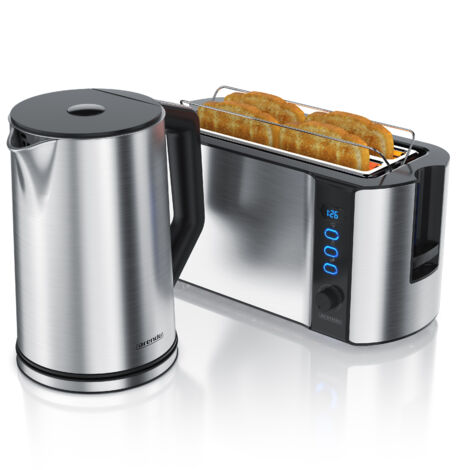 Arendo 2-teiliges Frühstücksset, Edelstahl Wasserkocher 2200W, 4-Scheiben Langschlitz Toaster, Silber