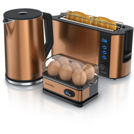Arendo 3-teiliges Frühstücks-Set, 2-Scheiben Langschlitz Toaster, 6er Eierkocher, Wasserkocher 1,5 Liter, Kupfer