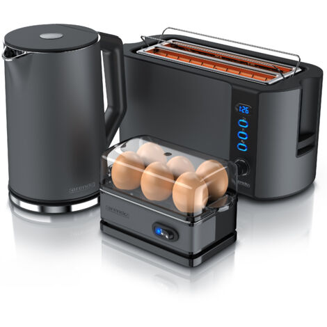 Arendo 3-teiliges Frühstücksset - Wasserkocher 1,5l, 4-Scheiben Toaster, 6er Eierkocher, Grau