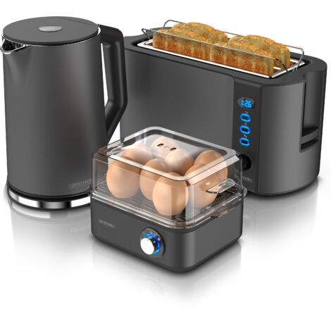 Arendo 3-teiliges Frühstücksset - Wasserkocher 1,5l, 4-Scheiben Toaster, 8er Eierkocher, Grau